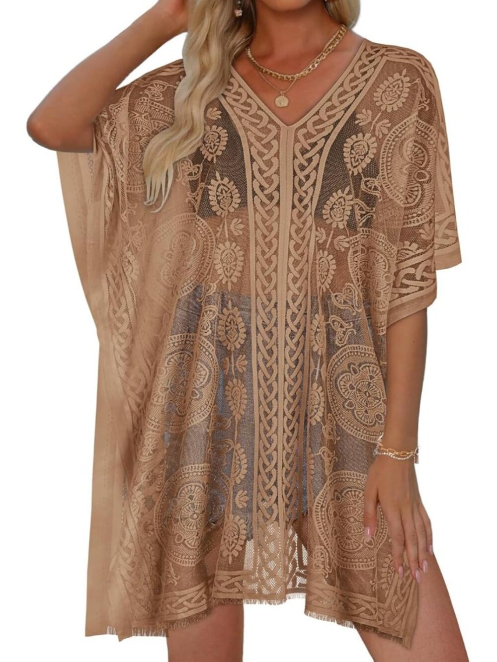 〽️Women's Bathing Cover Up Brown Comfort V Neck Summer Swim Bikini Beach Dress